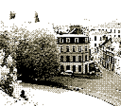 a pixel photo of a building with some trees next to it