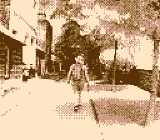 pixel photo of someone walking away down a street with trees lining 1 side and buildings the other